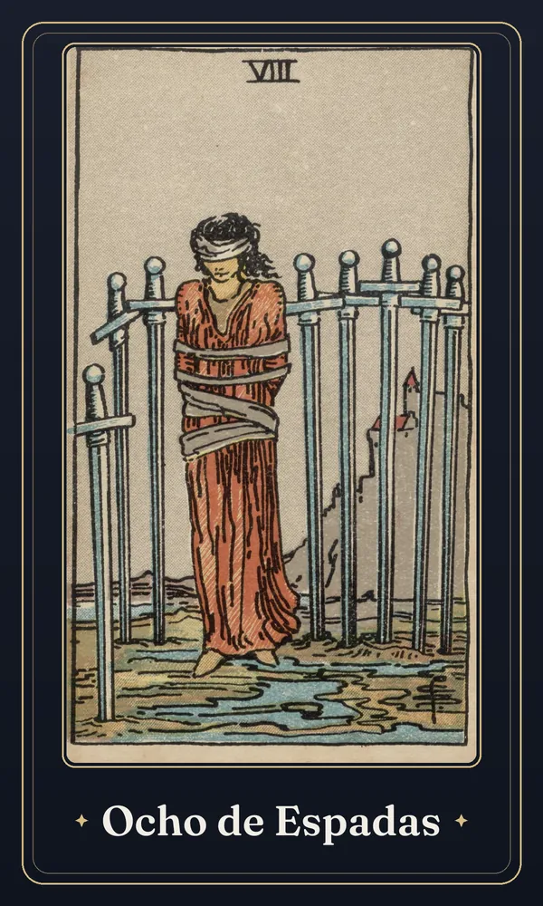 La carta Ocho de Espadas del tarot, en una ilustración de 1909