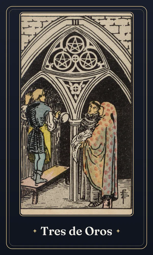 La carta Tres de Oros del tarot, en una ilustración de 1909